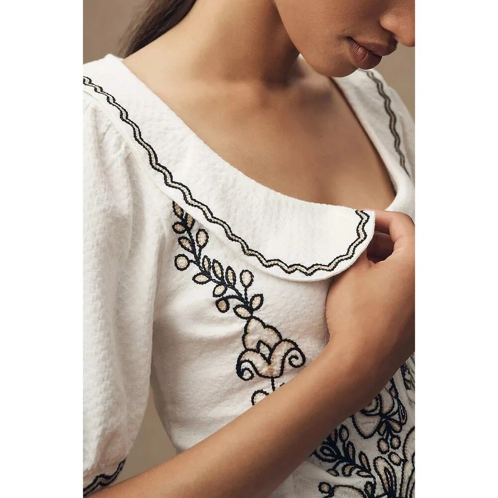 By Anthropologie Embroidered Button-Front Collared Blouse Top White XXS 286640